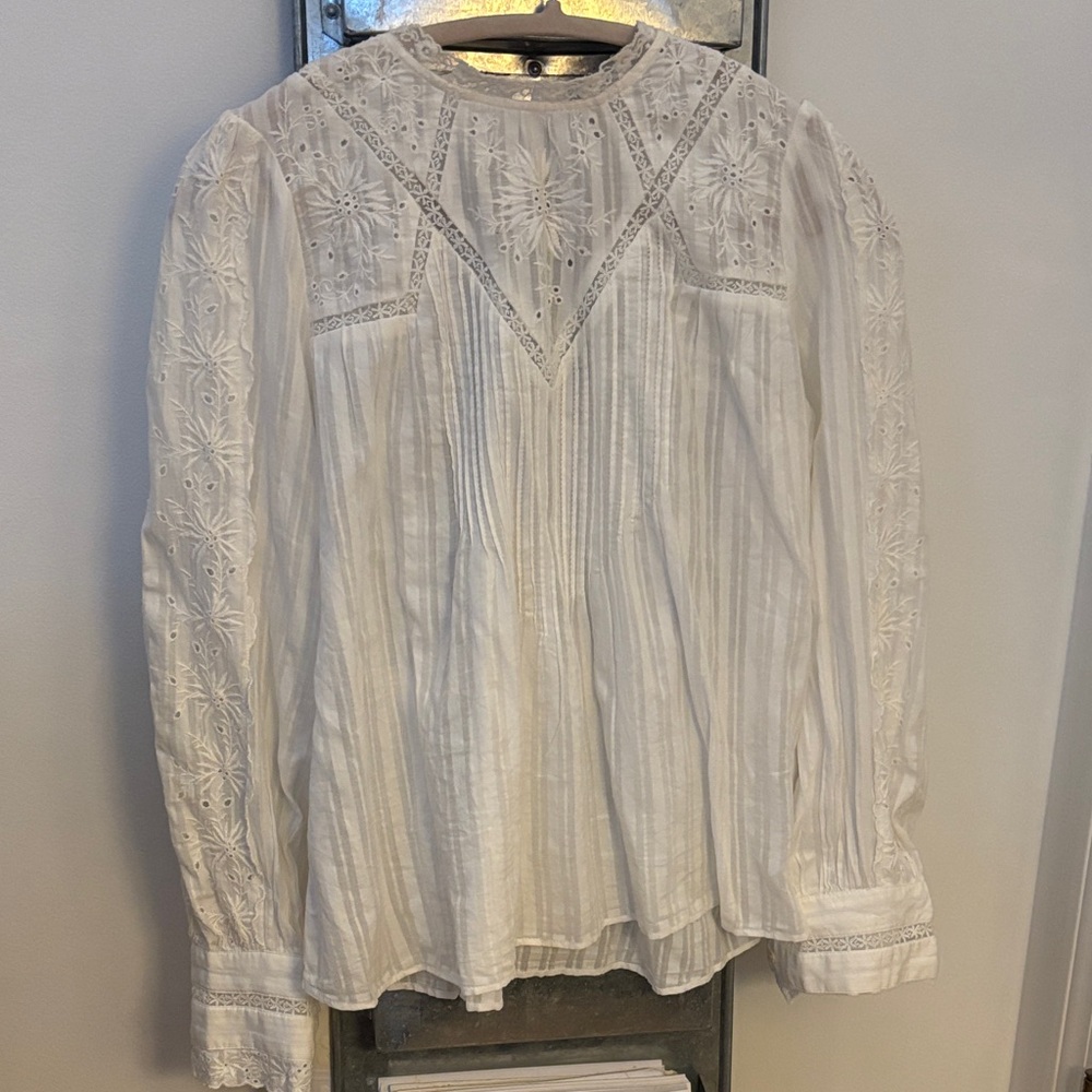 Zara White Eyelet, Embroidered Long Sleeve Blouse